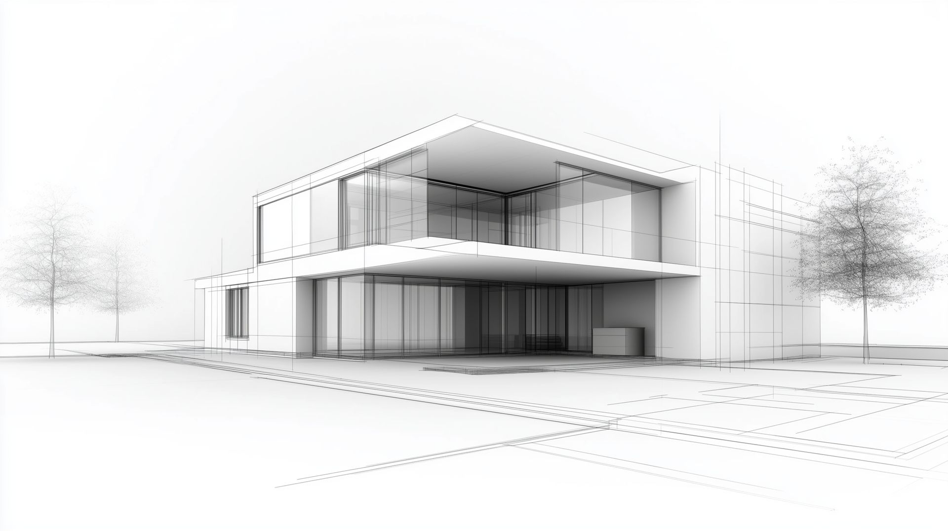 A black and white drawing of a modern house with a lot of windows.