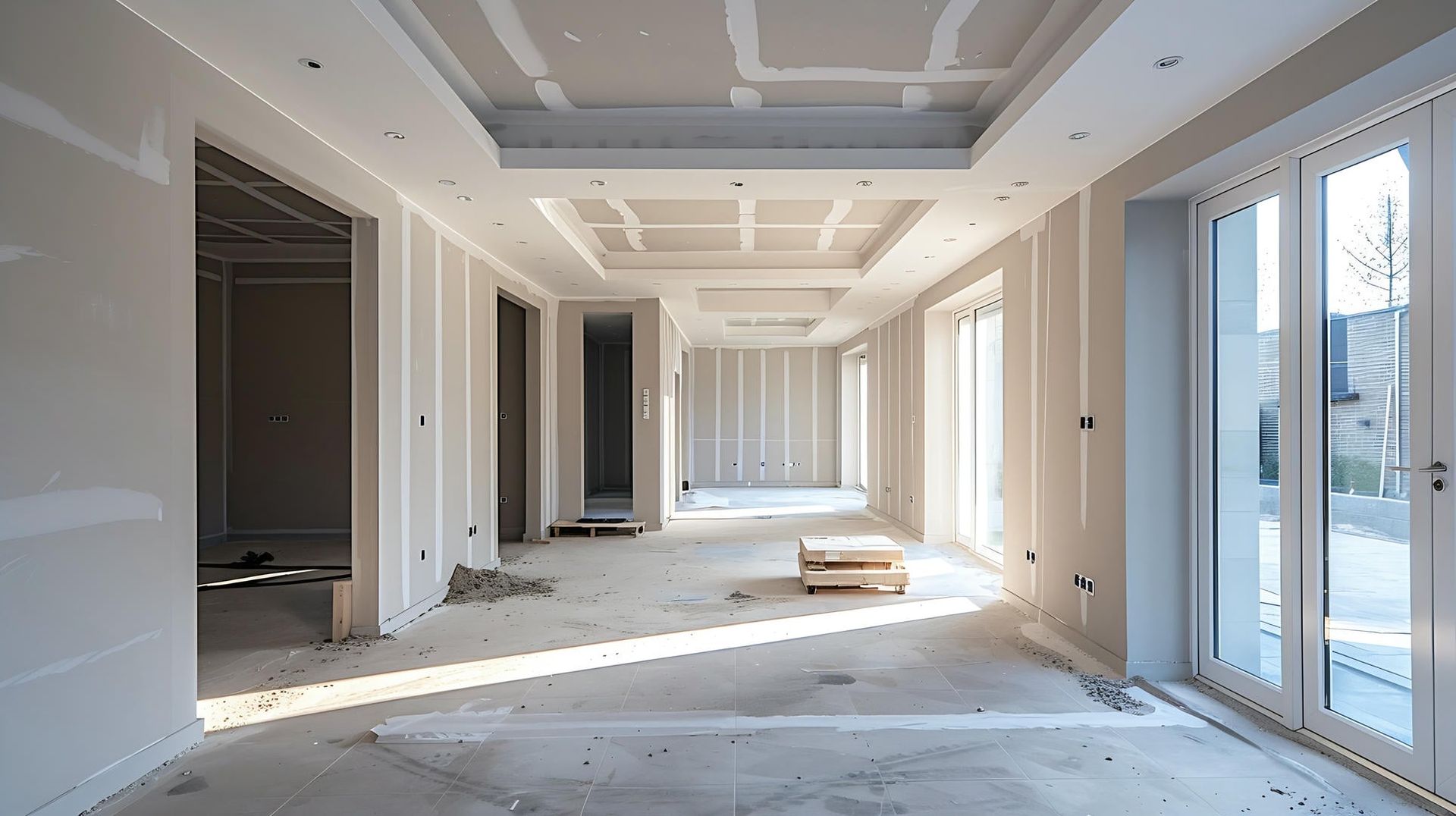 A large empty room with a lot of windows and drywall.