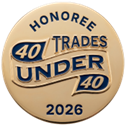Round gold badge reading “Honoree 40 Under 40 Trades 2026”