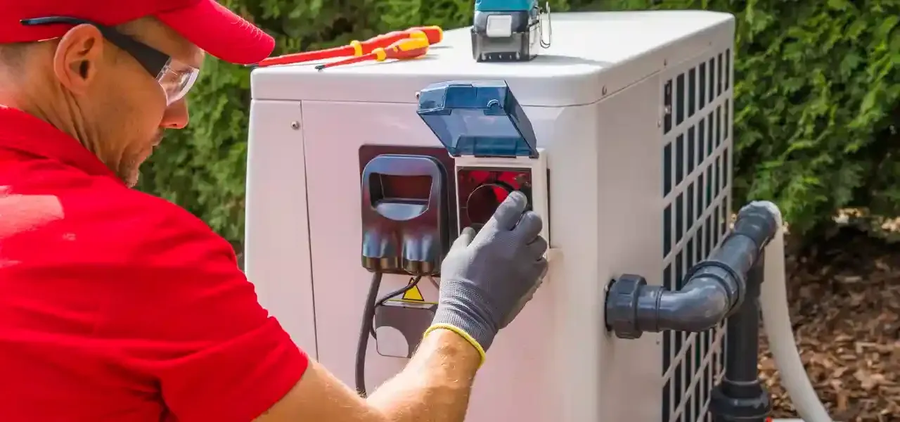 Technician in red cap and gloves inspects an outdoor HVAC unit with a multimeter