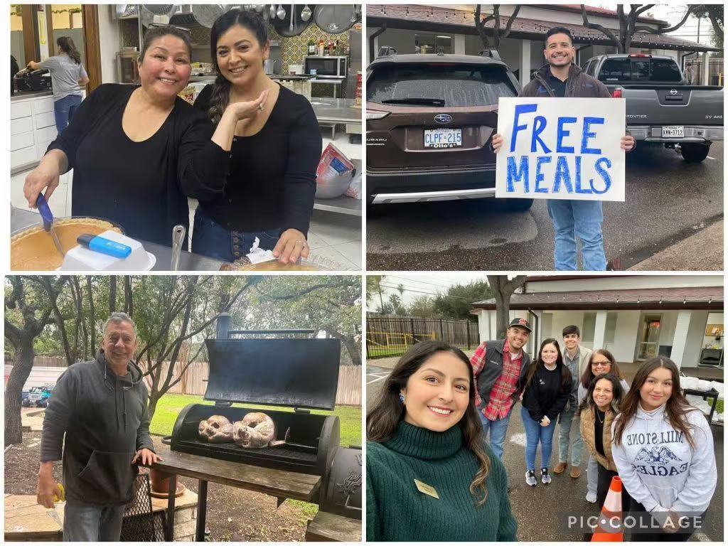 Collection of photos: people preparing and giving away free meals.