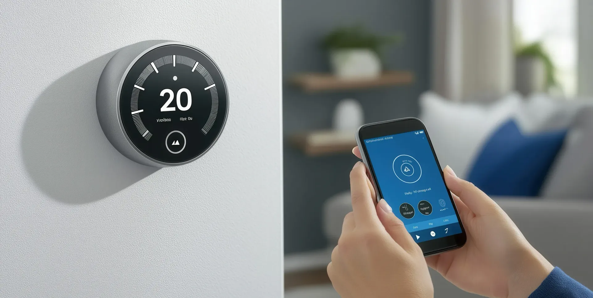 Smart thermostat showing 20 degrees on wall, controlled by smartphone app in hand.