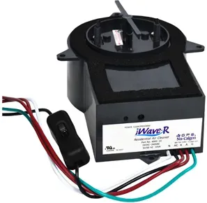 Black iWave-R residential air cleaner with wiring and a switch.