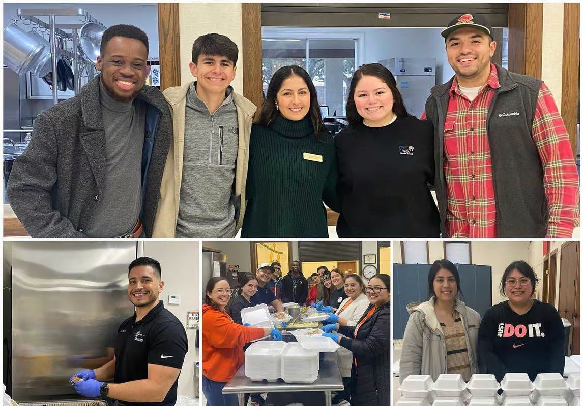 Group of people volunteering, preparing and distributing meals in a kitchen.