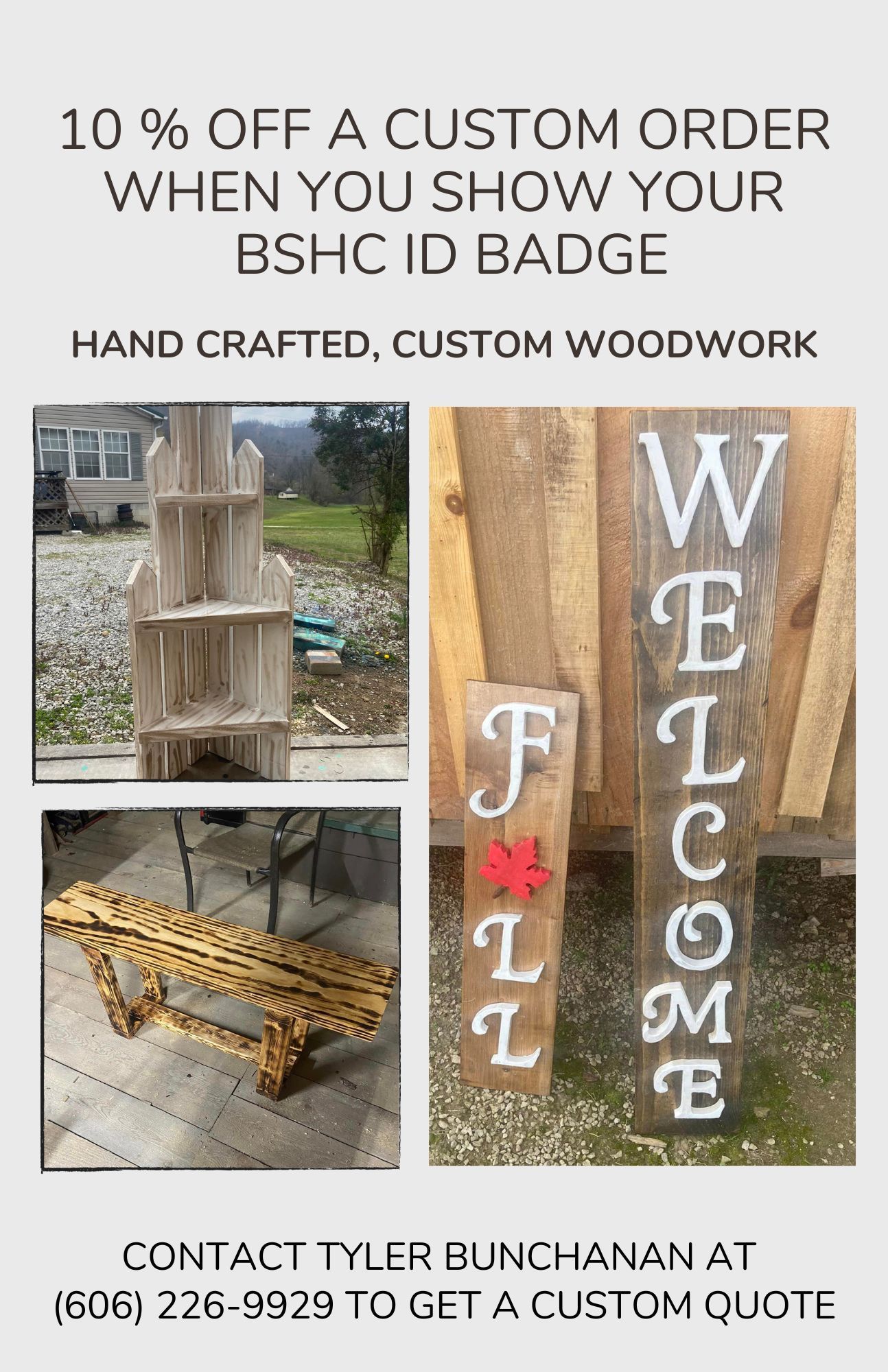 Custom woodwork ad with stools and a vertical “WELCOME” sign, offering 10% off custom orders