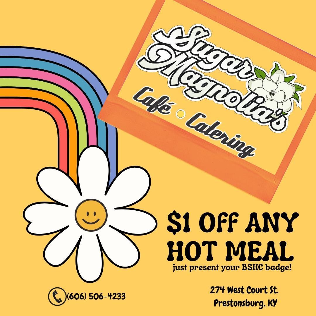 Sugar Magnolias Cafe Catering promo: rainbow, daisy, and $1 off any hot meal on yellow background