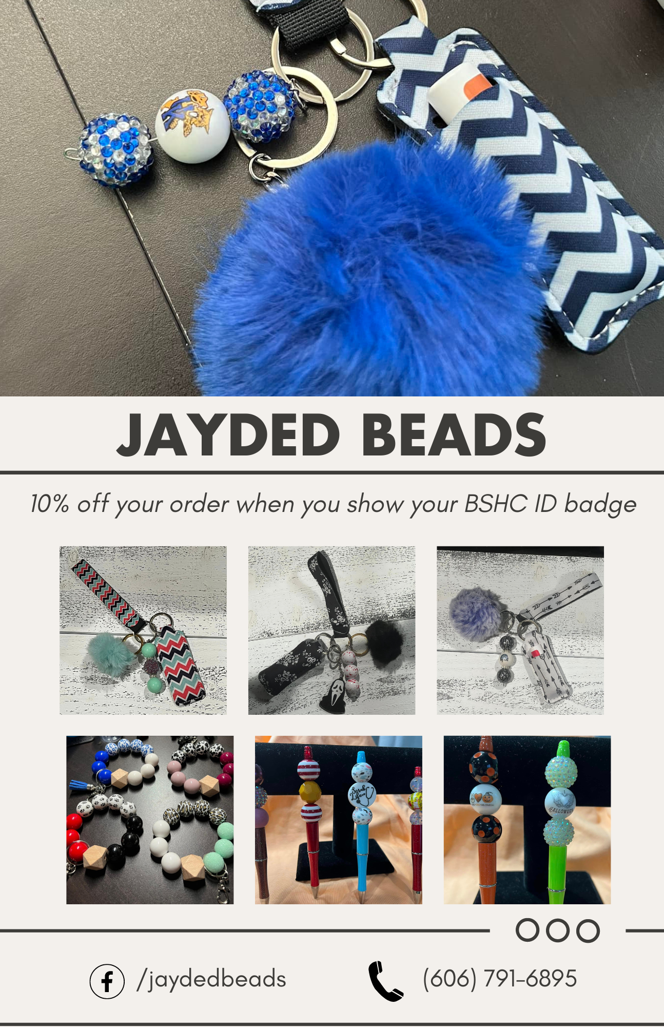 Jayded Beads jewelry promo with blue chevron keychain, blue pom-pom, and beaded bracelets on a gray background