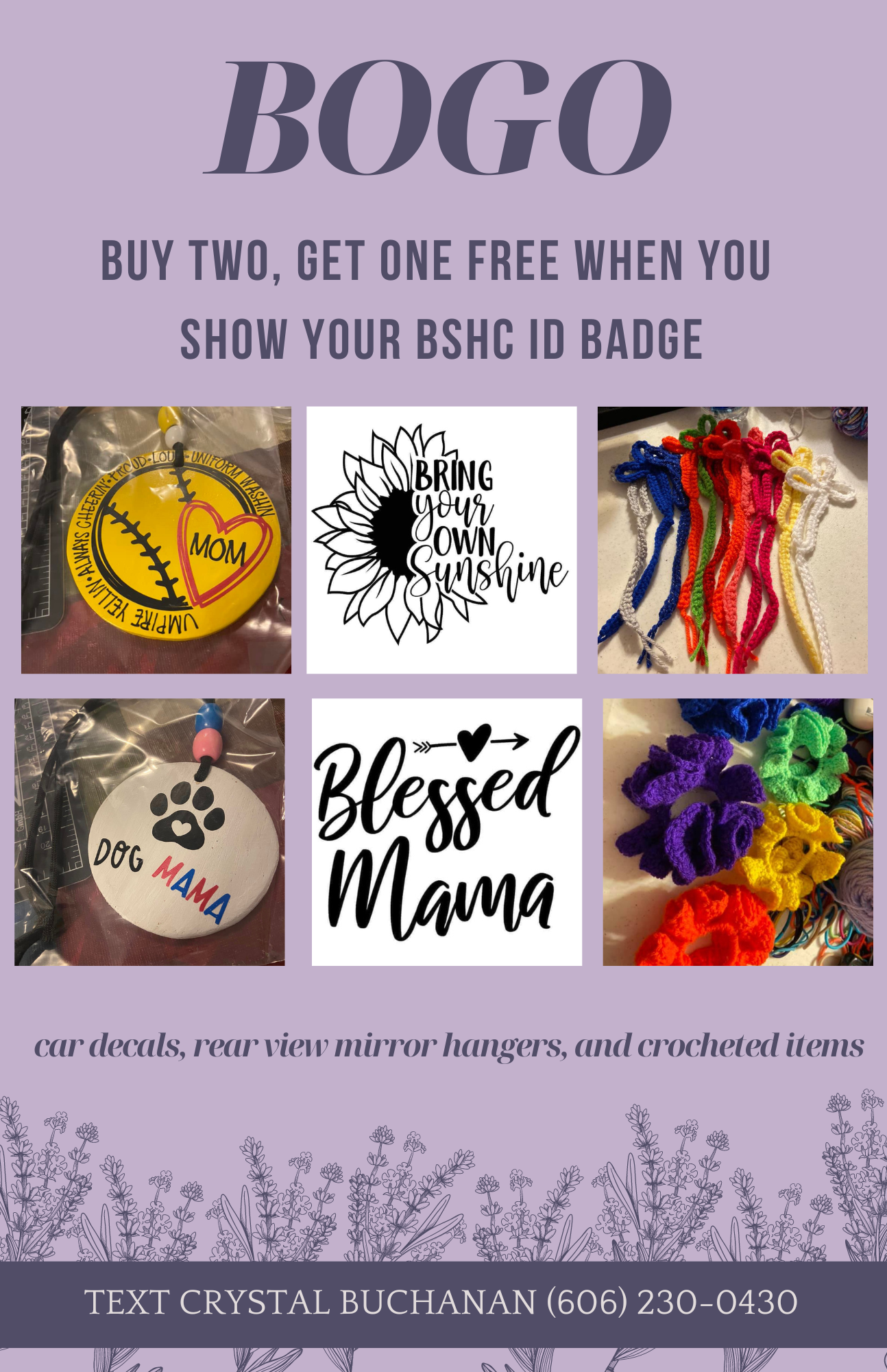BOGO sale flyer for custom tumblers, keychains, and designs with “Blessed Mama” and contact info