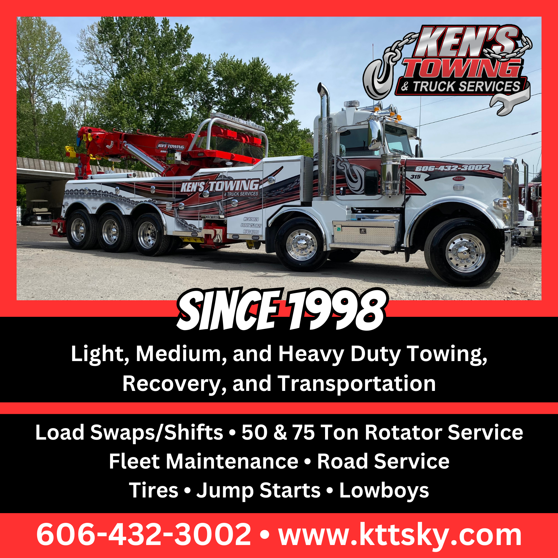 White tow truck with red wrecker equipment and company branding on a red background, advertising towing services.