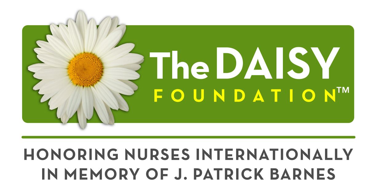 The DAISY Foundation logo with a white daisy on green, honoring nurses internationally in memory of J. Patrick Barnes