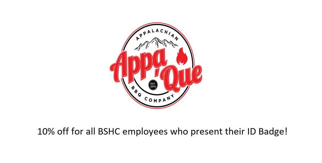 Appa & Que logo with “20% off for all DSHC employees who present their ID Badge!”