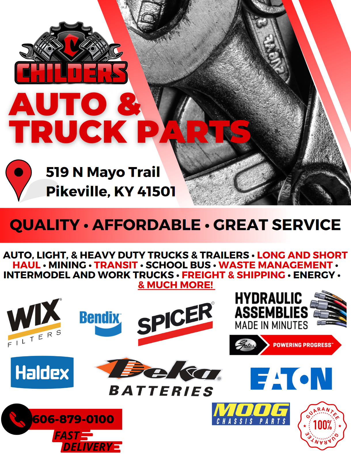 Childers Auto Truck Parts ad with logo, shop address, services, and truck parts brand logos on red background