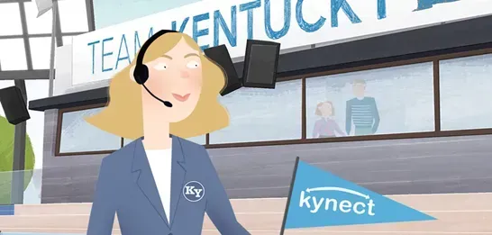 Woman in a headset and suit stands outside a Kentucky Kynect office sign.