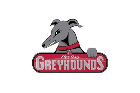 Greyhound logo with gray dog and red collar above red “Flat Gap GREYHOUNDS” text