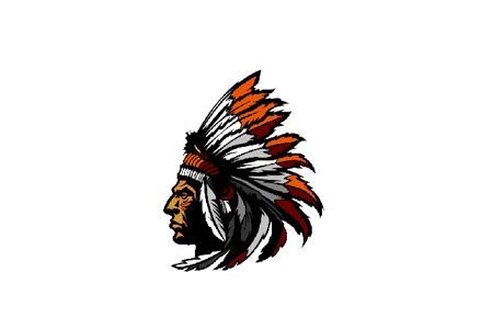 Stylized Native American chief profile with red, white, black, and orange feather headdress