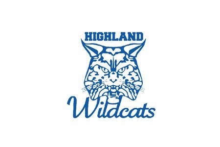 Highland Wildcats blue mascot logo with a wildcat head and script text on white background