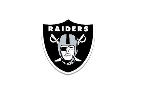 Raiders logo with a silver helmet and crossed swords on a black shield