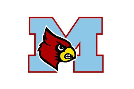 Light blue block “M” with a red cardinal head logo in the center