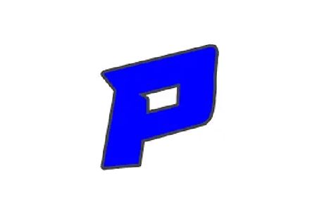 Blue stylized letter P with a black outline on a white background