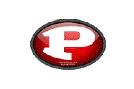 Red oval logo with a white stylized P and dark border on a white background