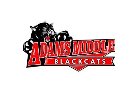 Adams Middle Blackcats logo with a black panther and bold red and black lettering