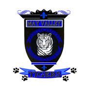 May Valley Tigers logo with a tiger head in a black shield, blue accents, and paw prints
