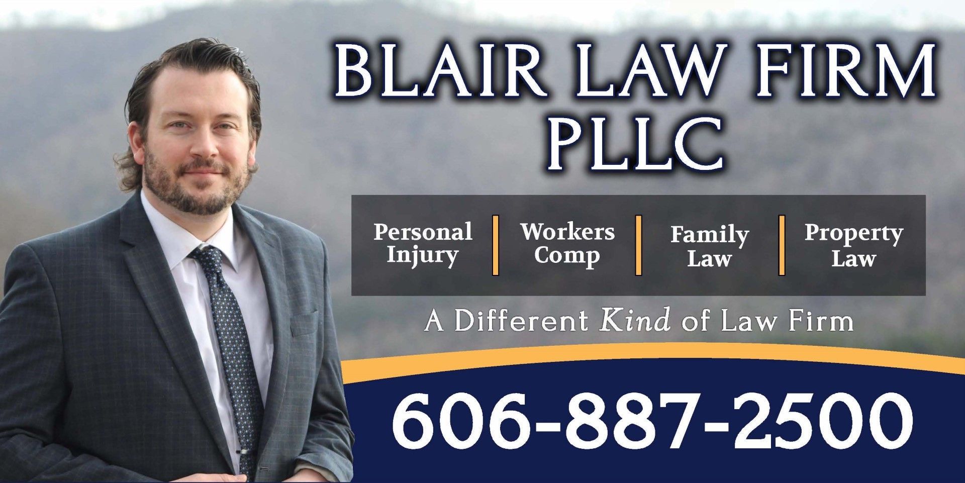 Blair Law Firm PLLC ad with suited man, legal practice areas, and phone number 606-887-2500 on blue background