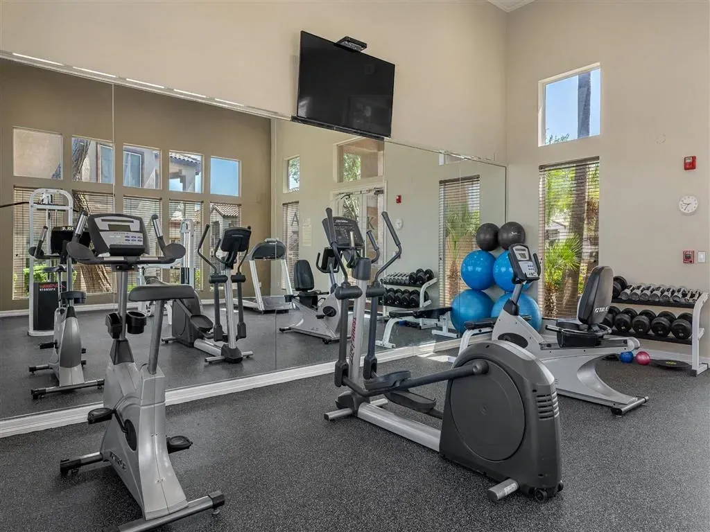 Gym with cardio machines, free weights, and stability balls.