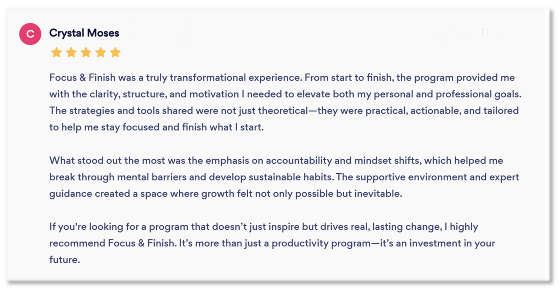 Client testimonial highlighting transformational leadership development experience