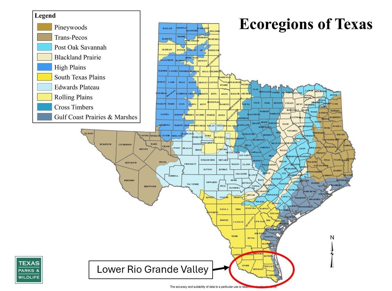 Map of Texas, color-coded by ecoregion. The Lower Rio Grande Valley is highlighted in a red circle.
