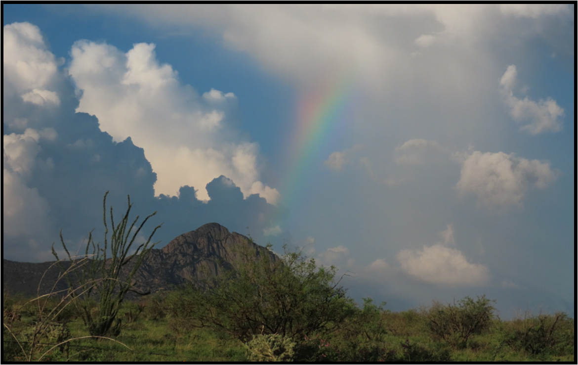 A rainbow is visible in the sky over a mountain