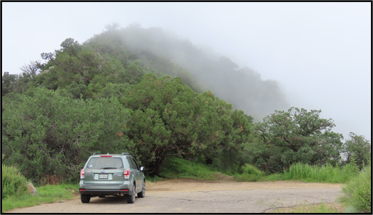 A car is parked on the side of a dirt road.