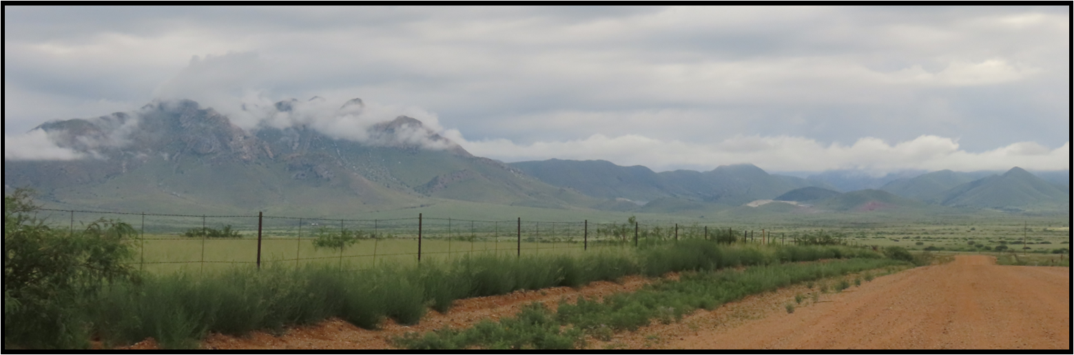 A fenced in field with mountains in the background
