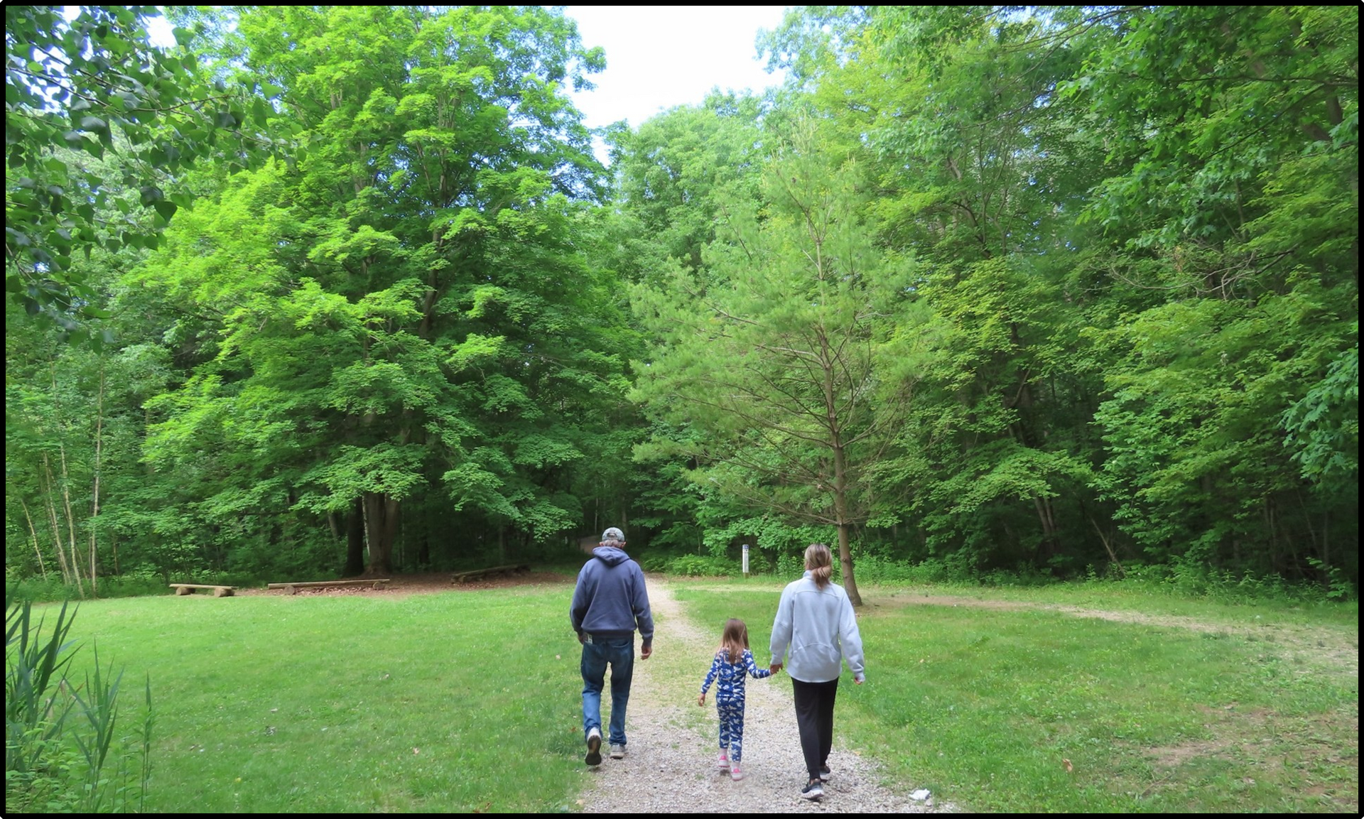 Family of three walking on a grassy path through a lush green forest.