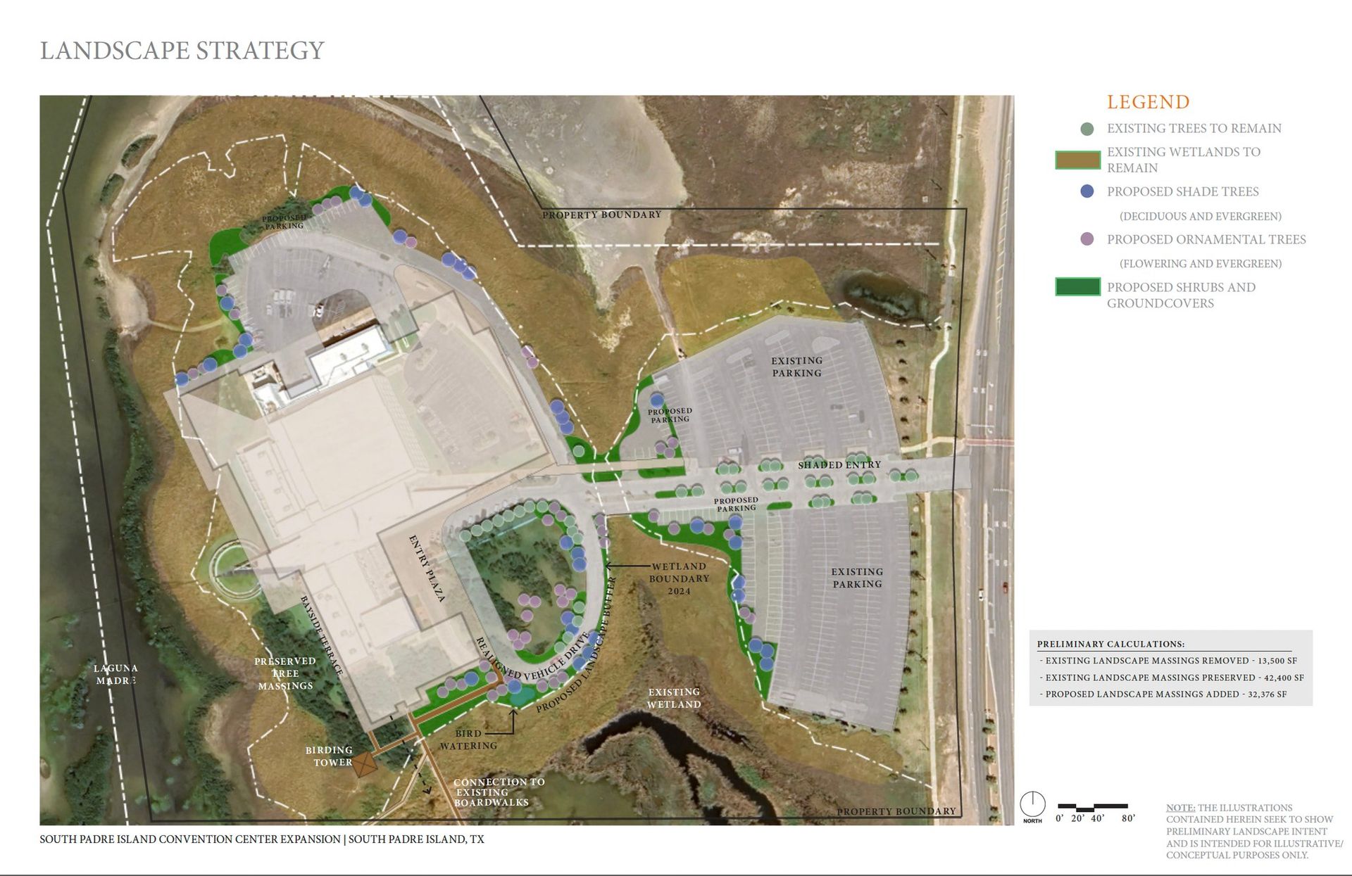 Plan view of a building and parking lot with surrounding landscaping in green and brown.