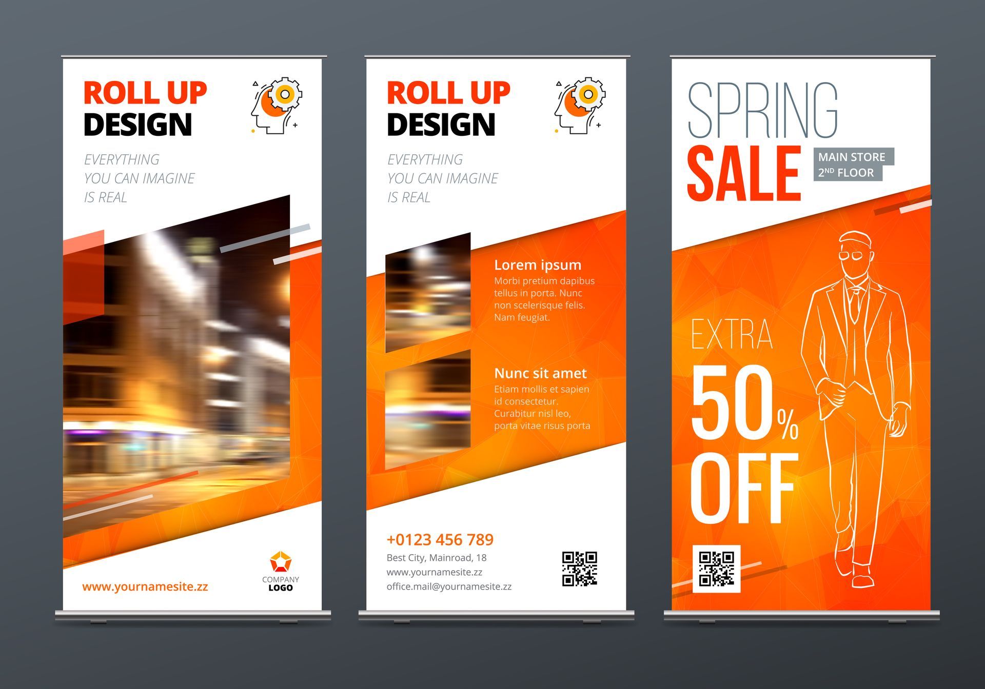 Three roll-up banner designs: two white-orange business banners and one orange spring sale banner with 50% off.