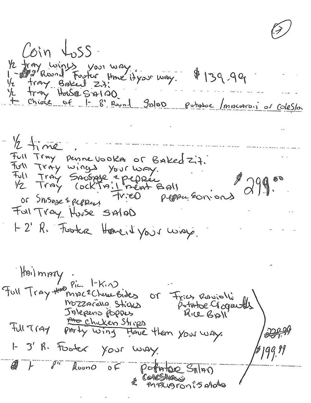 Handwritten notes on white paper with sketches, lists, and a dollar amount visible.