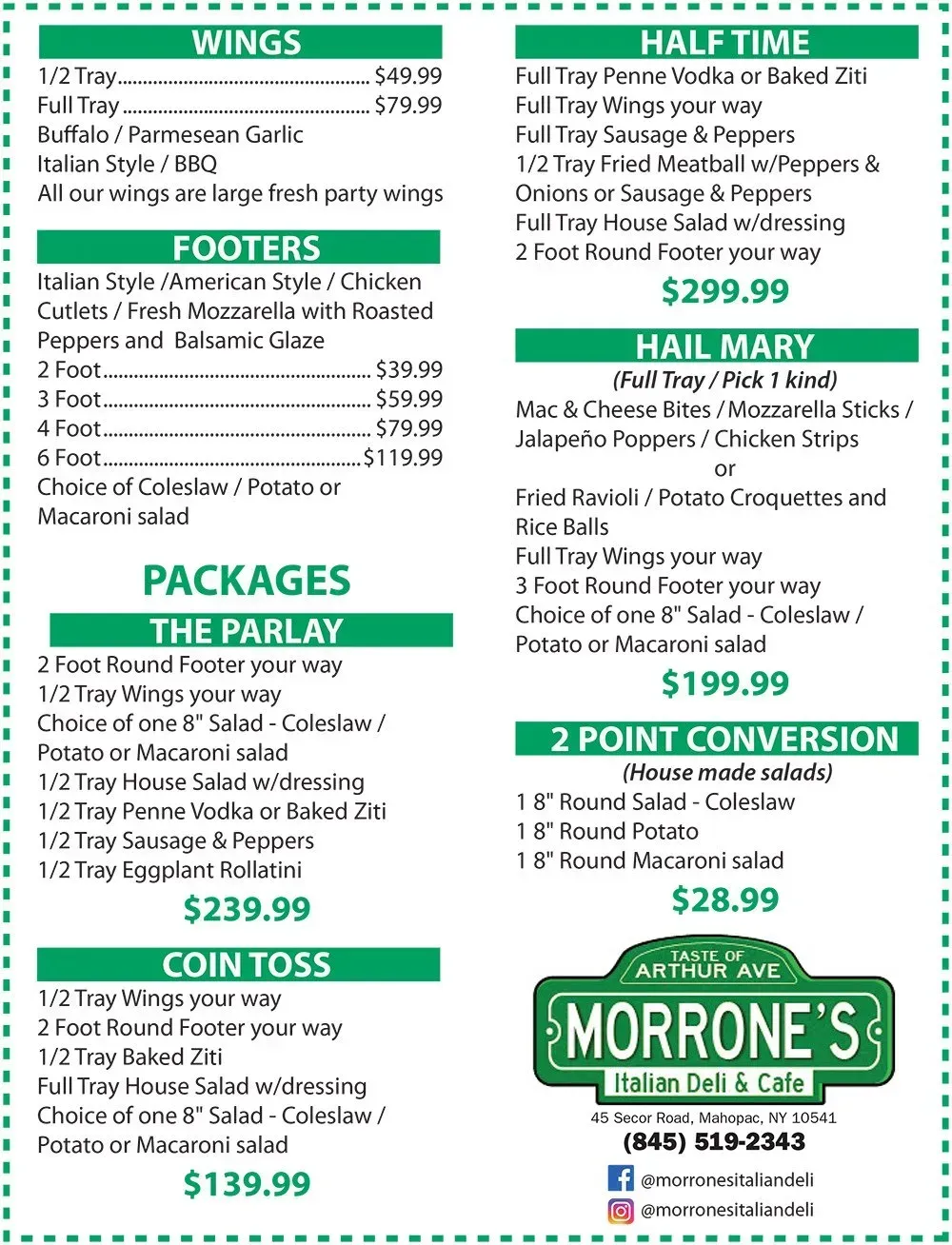 Restaurant menu flyer with green headings for wings, halftime, packages, coin toss, and conversion specials.