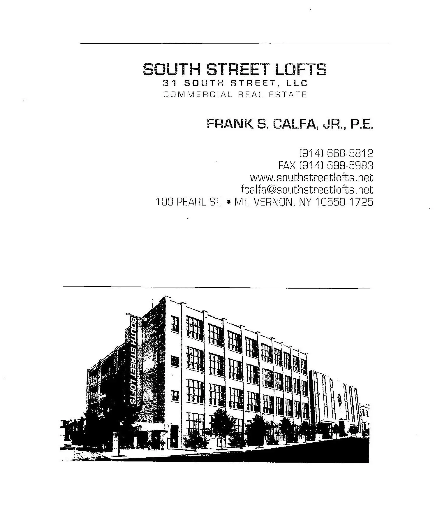 South Street Lofts brochure cover with building illustration and architect Frank S. Calfa, A.I.A. text