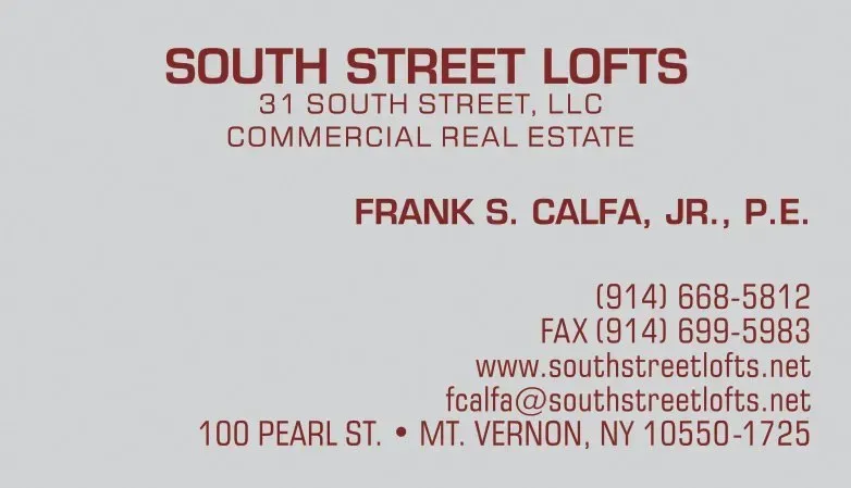 Business card for South Street Lofts commercial real estate, with contact info on white background.