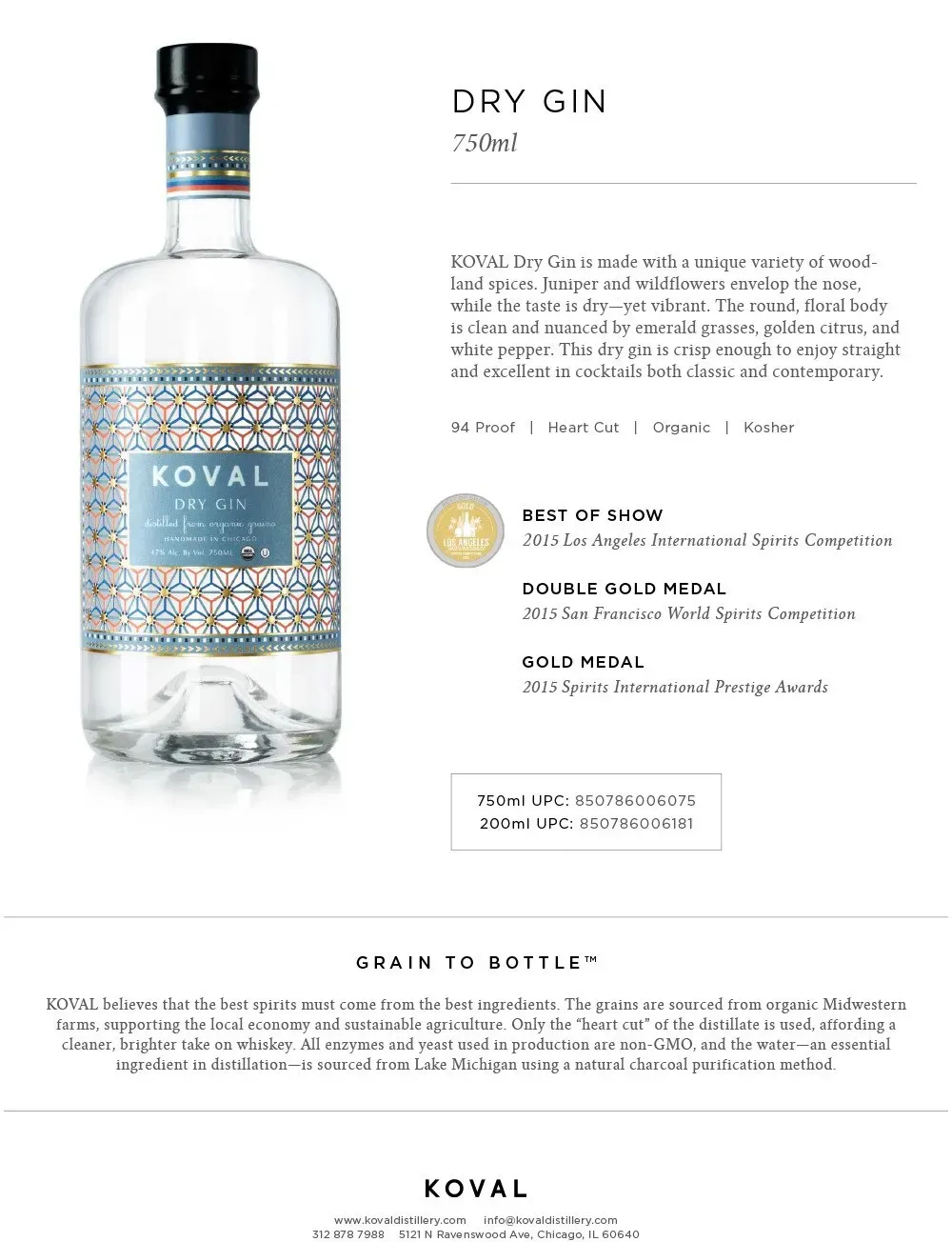 Koval Dry Gin bottle on white label layout with product details and description text