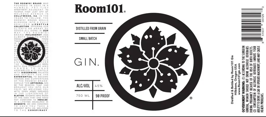 Room101 gin label with black floral emblem, barcode, and product details on a white background
