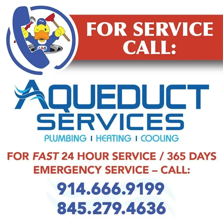 Aqueduct Services plumbing, heating and cooling ad with emergency service phone numbers and cartoon mascot