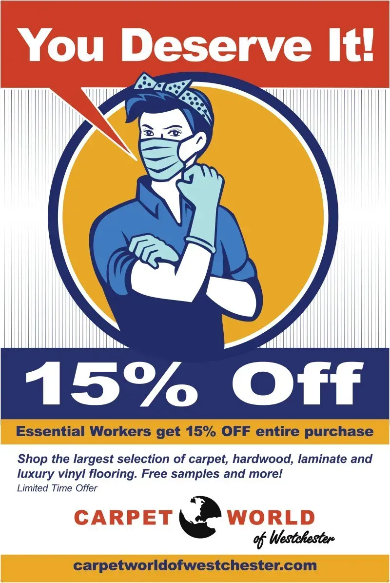 Carpet World ad with cartoon cleaner and bold “You Deserve It!” 15% off sale banner