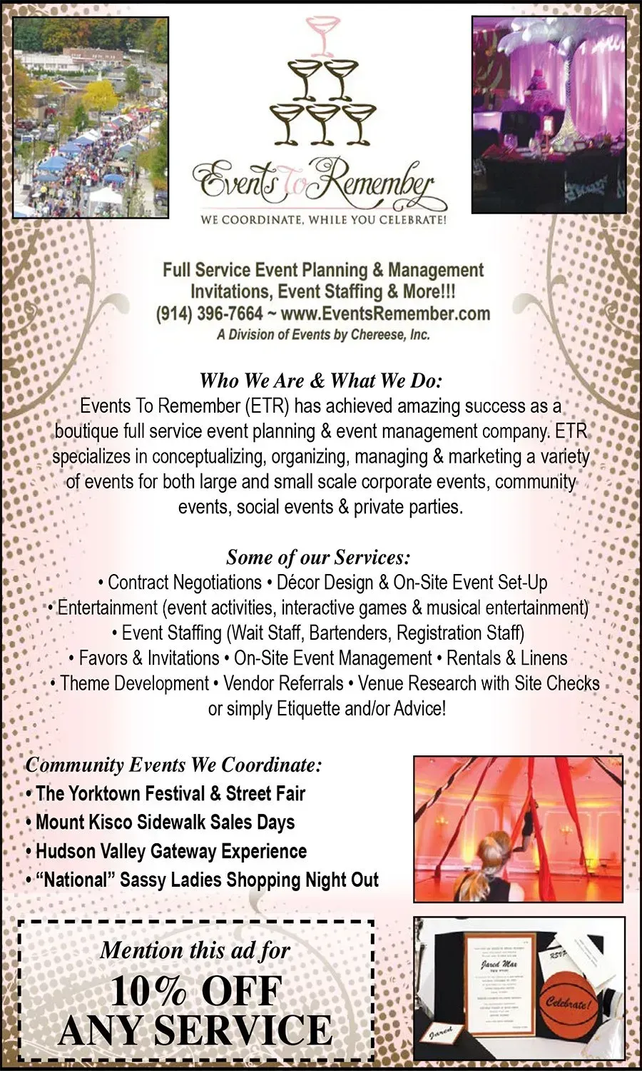 Wedding invitation flyer with floral border, purple accents, venue details, and “10% off any service” coupon