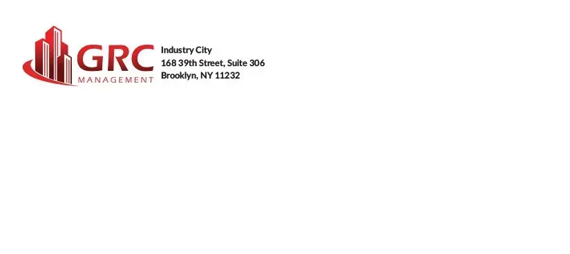 GRC Management logo with red building icon and small black contact information text on white background