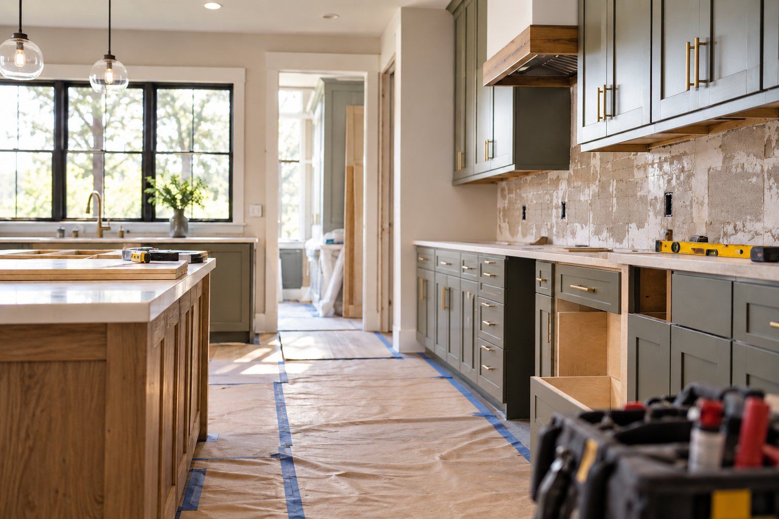Illustration of a kitchen renovation in progress, with cabinets, counters, and tools; no people shown