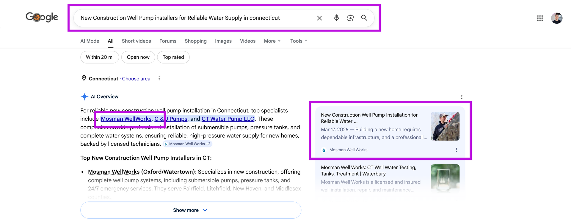 Google search results page with a highlighted featured result and a highlighted right-side result card with thumbnail image