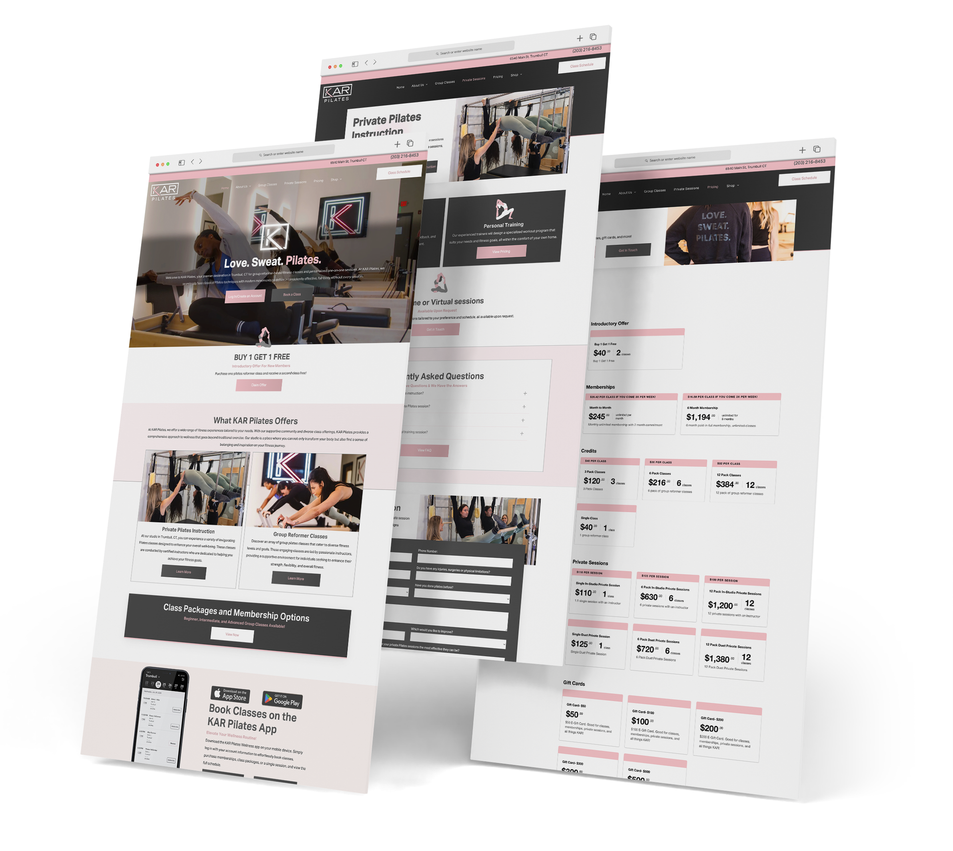 KAR Pilates website screen grabs