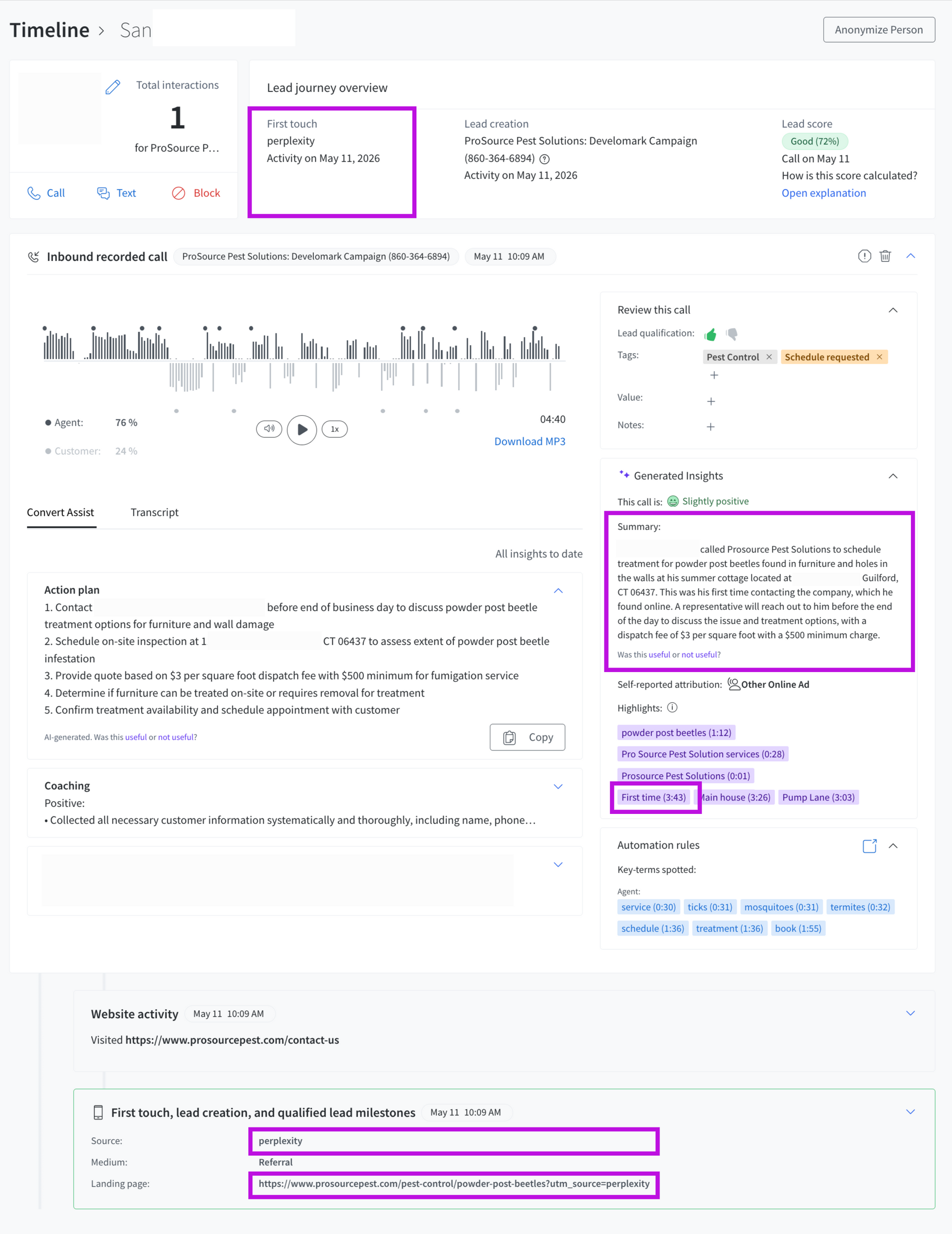 Annotated webpage screenshot with purple boxes highlighting text sections and a small chart.